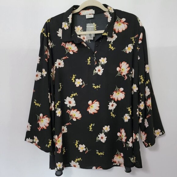 Van Heusen Black Floral Boho Lightweight Semi Sheer Popover Blouse Top XXL 2XL - Picture 2 of 11